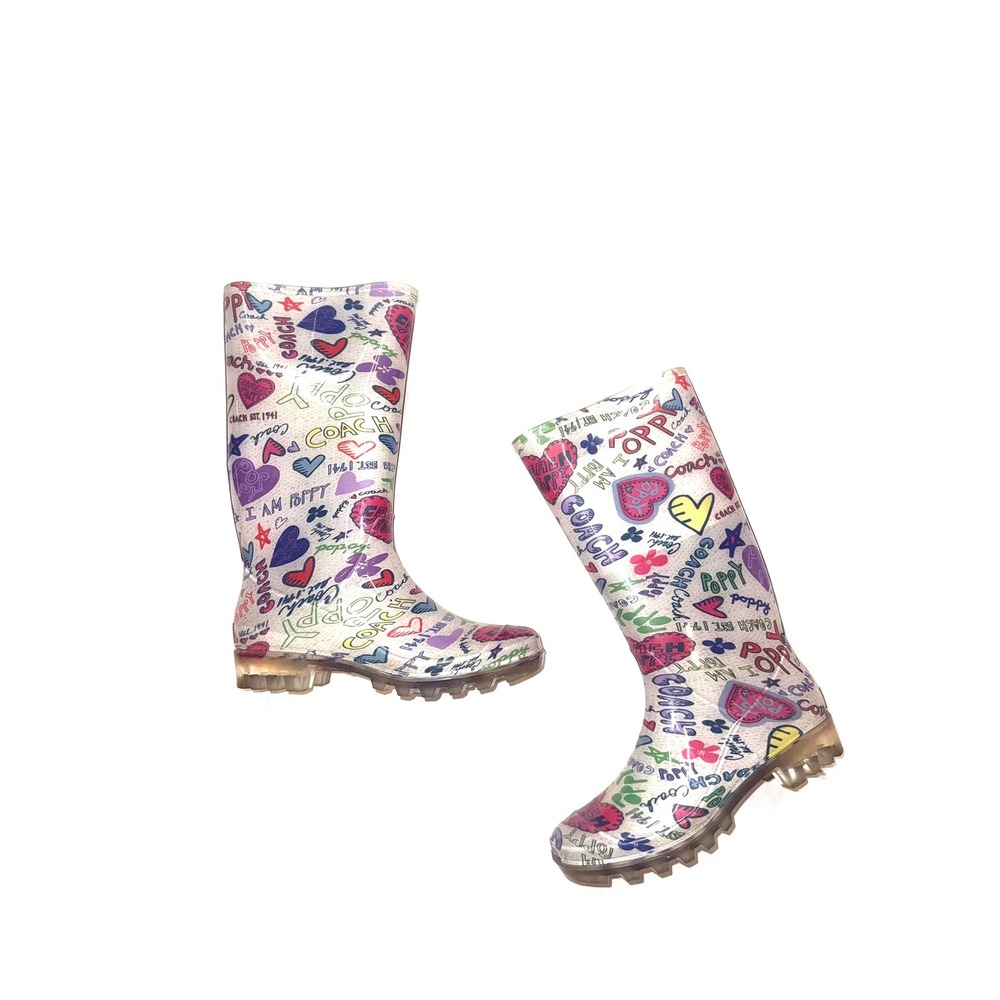 COACH New Womens 6 Clear Colorful Graphic Graffiti Pull On Tall Pixy Rain Boots